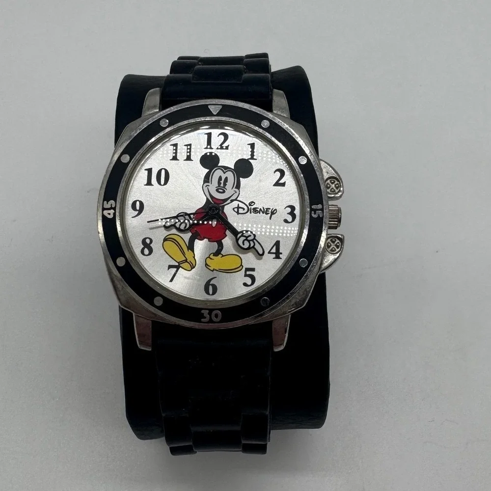 Disney Mickey Mouse Accutime Watch Corp MK1080 Silver Dial Black Rubber Strap